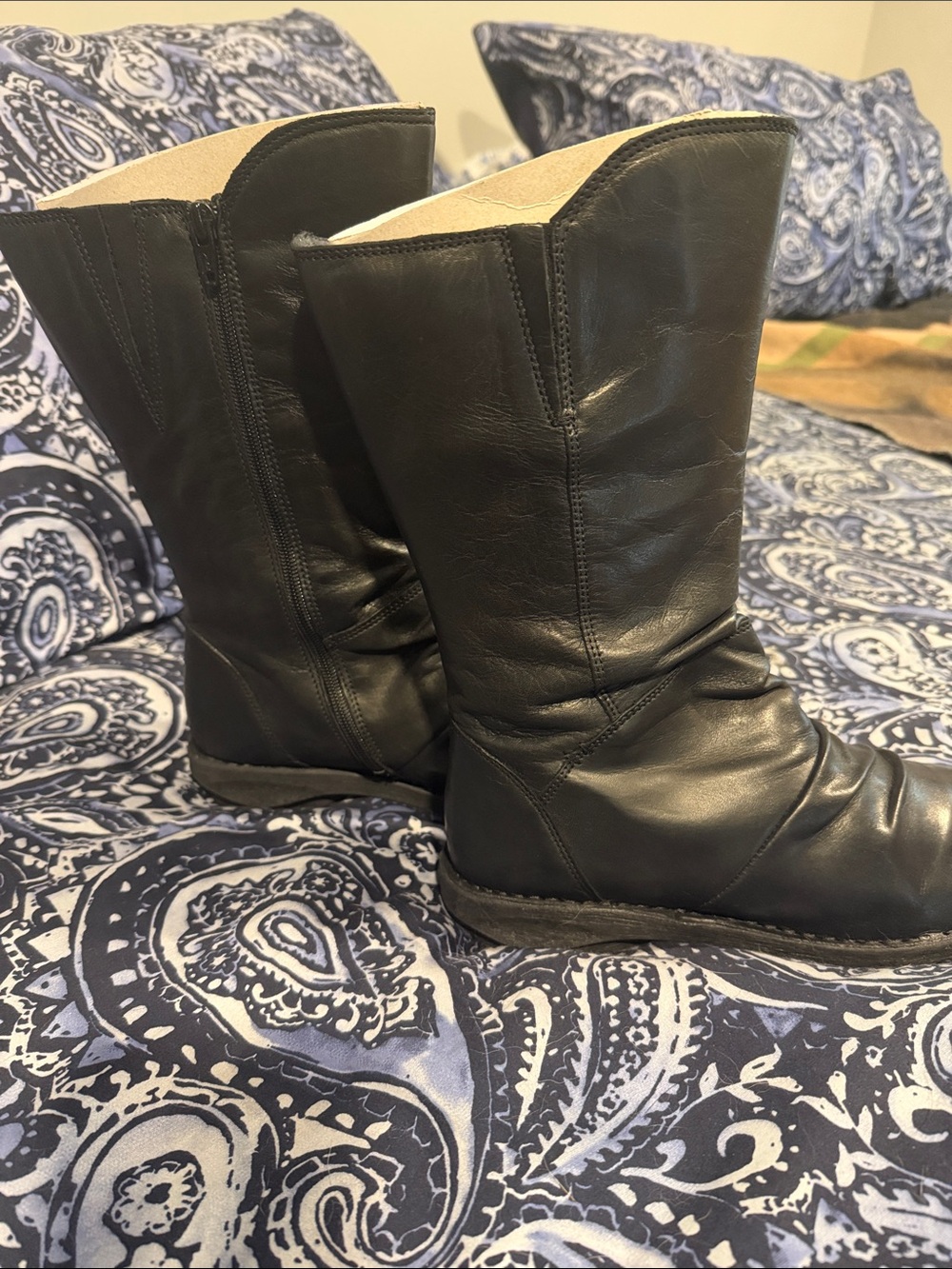 Miz Mooz Black Leather Mid-Calf Rouched Boots NEW